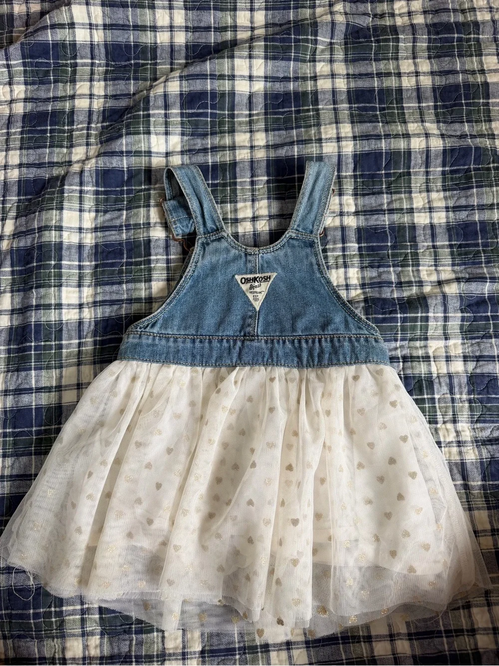 OshKosh B'gosh Denim Overall Dress with White Tulle Heart Skirt